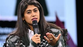 La candidate LFI aux européennes Rima Hassan à Villepinte le 16 mars 2024