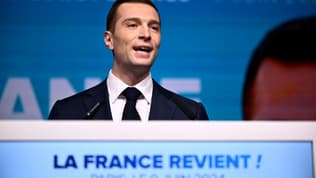 Le président du Rassemblement national (RN) Jordan Bardella s'adresse aux militants du parti lors de la soirée électorale des élections européennes, le 9 juin 2024 à Paris 