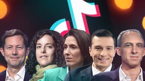 Les candidats aux Européennes François-Xavier Bellamy, Manon Aubry, Valérie Hayer, Jordan Bardella et Raphaël Glucksmann