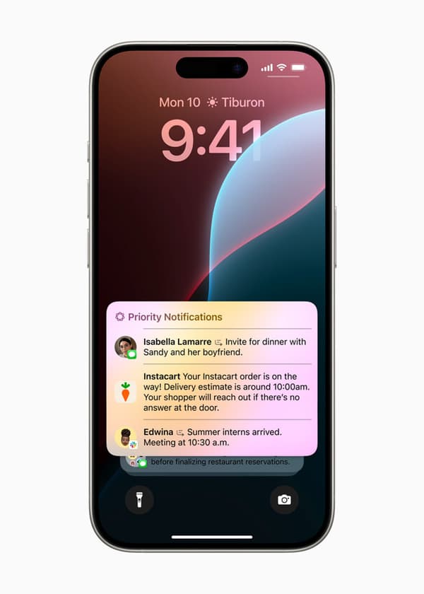 Avec Apple Intelligence, les notifications "prioritaires" apparaîtront en haut de la pile. Avec Apple Intelligence, les notifications "prioritaires" apparaîtront en haut de la pile.