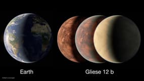 Illustration réalisée par un artiste représentant la Terre (à gauche) et trois interprétations possibles de la planète Gliese 12 b (à droite).